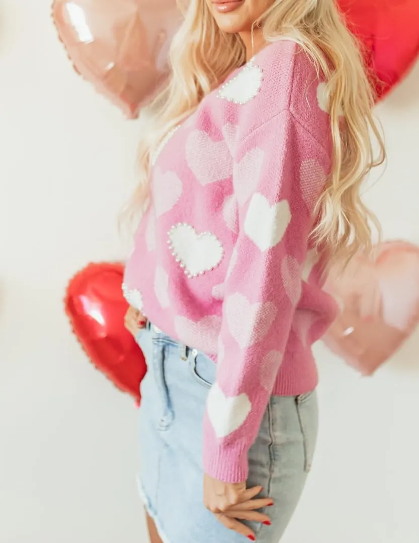 Women Pearl Sweater Love Heart Graphic Knitted Sweatshirts Cute Oversized Pullover Shirts