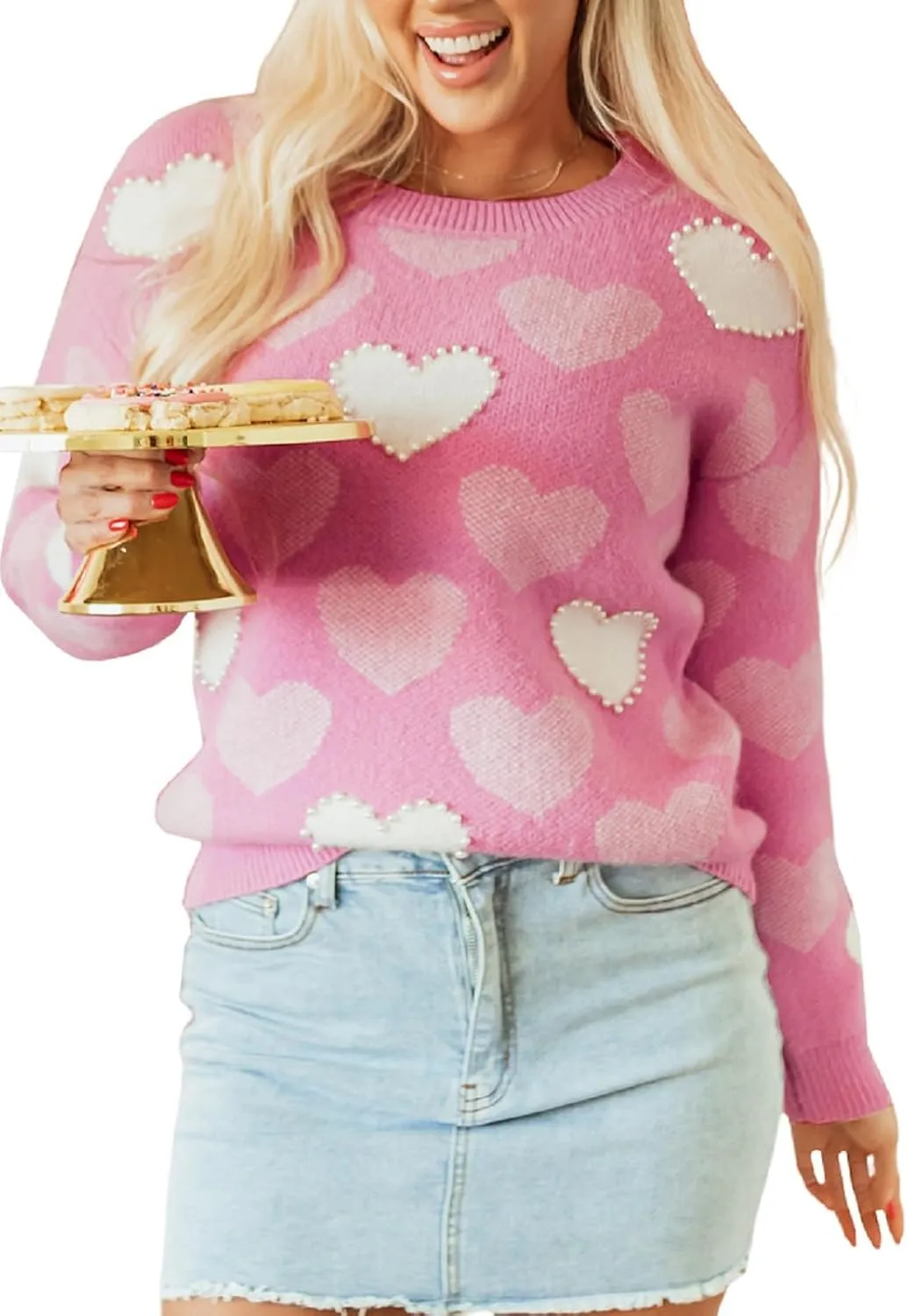 Women Pearl Sweater Love Heart Graphic Knitted Sweatshirts Cute Oversized Pullover Shirts