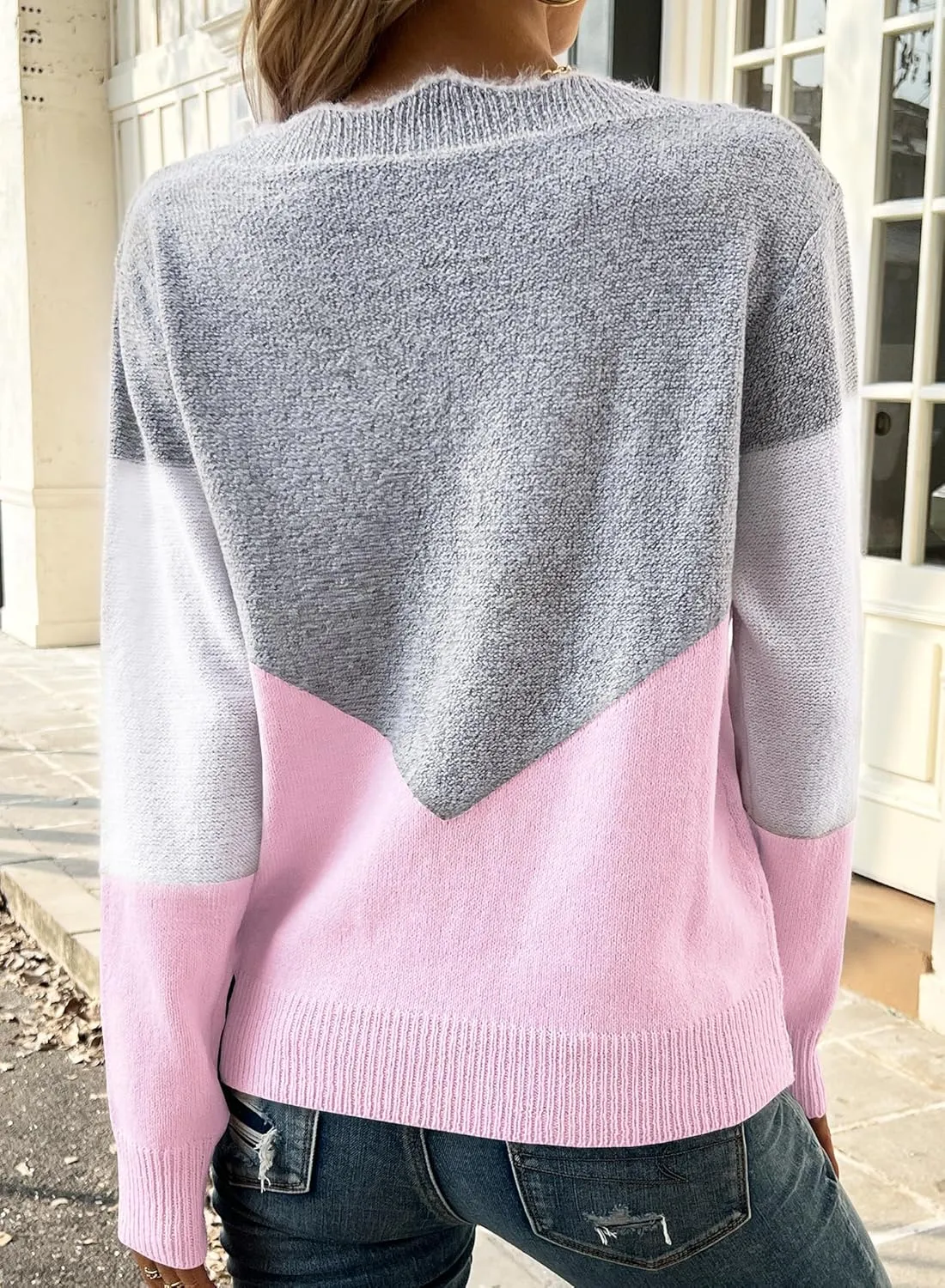 Women Spring Color Block V Neck Knit Pullover Long Sleeve Sexy Casual Soft Sweaters Tops