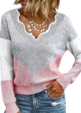 Women Spring Color Block V Neck Knit Pullover Long Sleeve Sexy Casual Soft Sweaters Tops