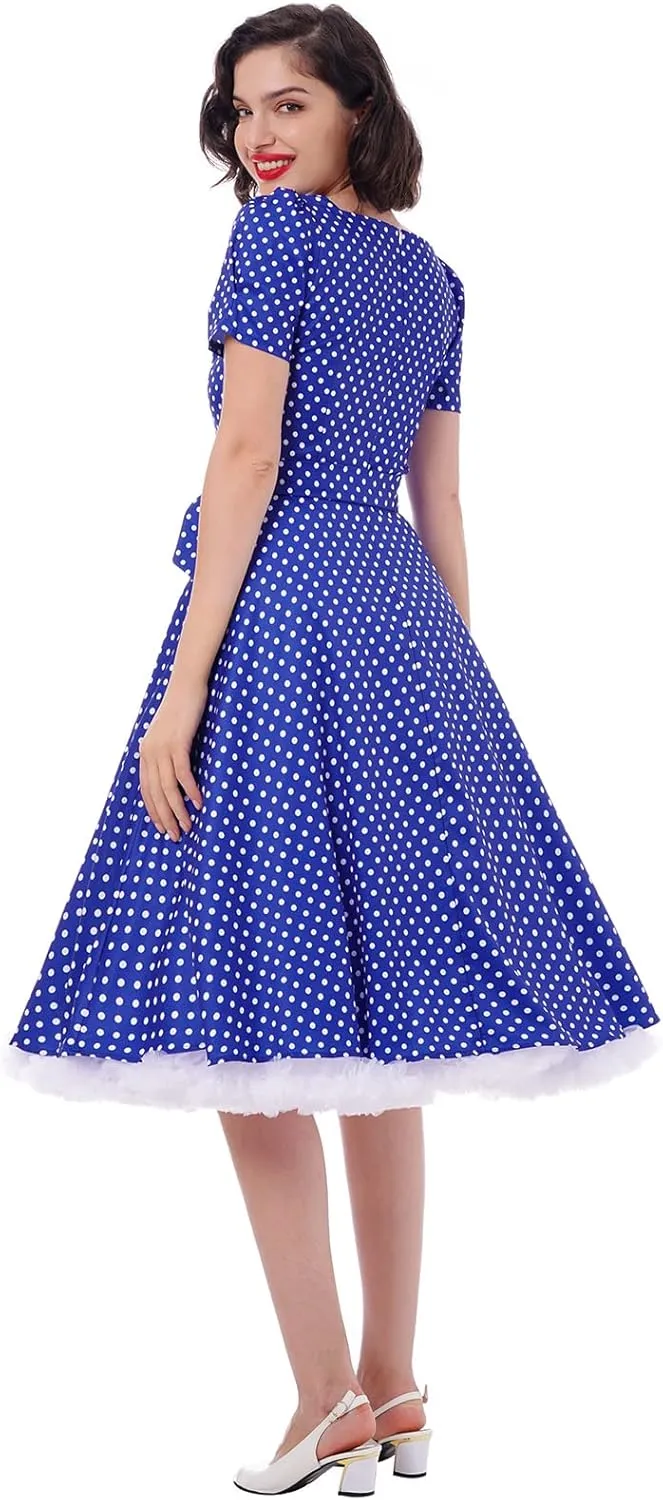 Women Vintage 50s 1950s Dress Square Neck A-line Polka Dot Rockabilly Swing Evening Party Cocktail Dresses