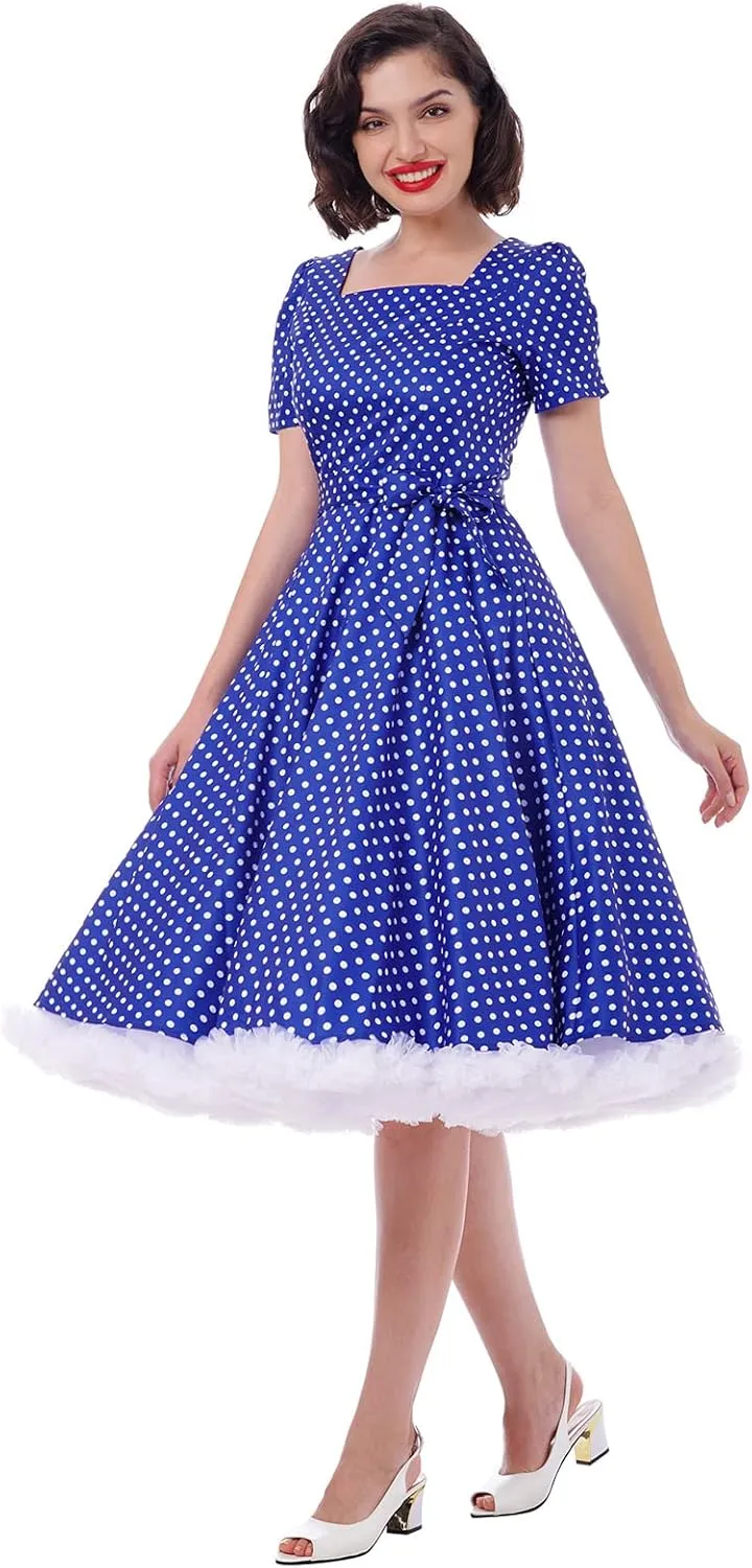 Women Vintage 50s 1950s Dress Square Neck A-line Polka Dot Rockabilly Swing Evening Party Cocktail Dresses
