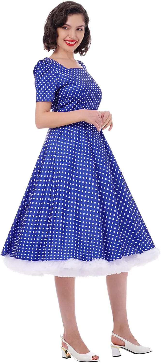 Women Vintage 50s 1950s Dress Square Neck A-line Polka Dot Rockabilly Swing Evening Party Cocktail Dresses