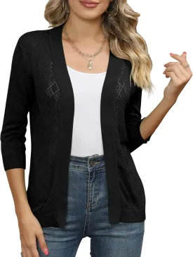 Women's Cardigans 3/4 Sleeve Open Front Lightweight Cropped Cardigan Sweater Hollow Out Knit Shrugs for Dresses