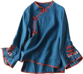 Women's Cotton Linen Retro Chinese Frog Button Tops Traditional Mandarin Collar Shirts Floral Embroidered Blouses