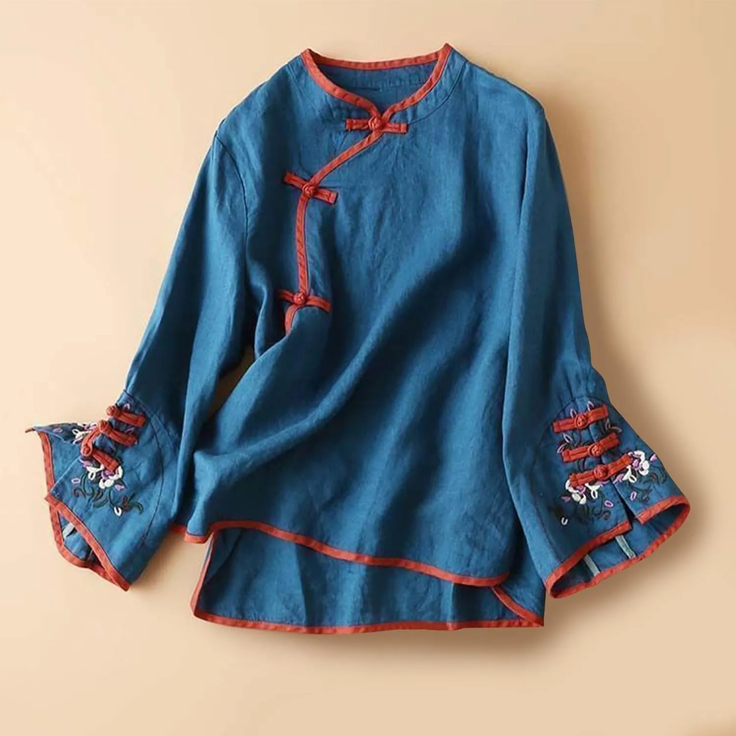 Women's Cotton Linen Retro Chinese Frog Button Tops Traditional Mandarin Collar Shirts Floral Embroidered Blouses