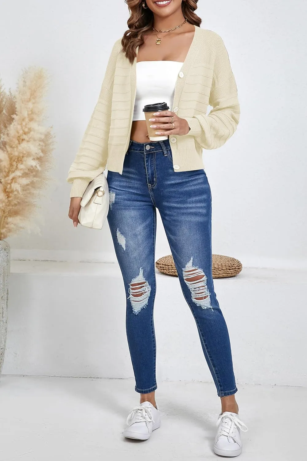 Women's Cropped Cardigan Lightweight Button Down V Neck Knit Dressy Casual Short Cardigan Sweaters