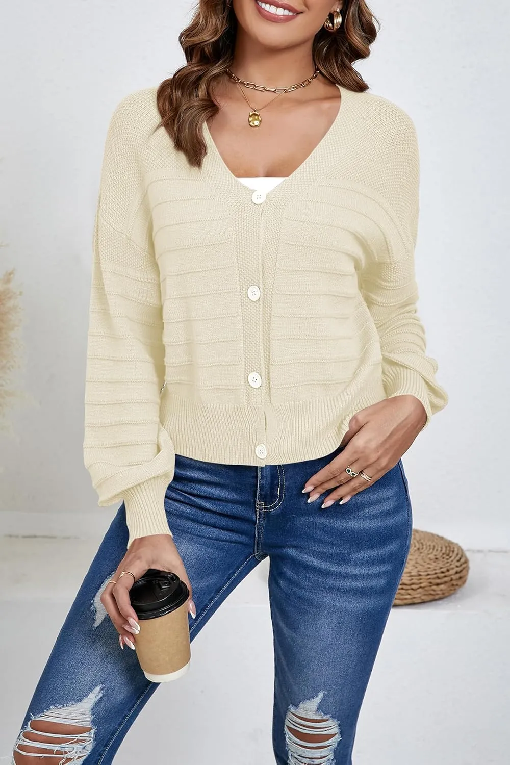 Women's Cropped Cardigan Lightweight Button Down V Neck Knit Dressy Casual Short Cardigan Sweaters