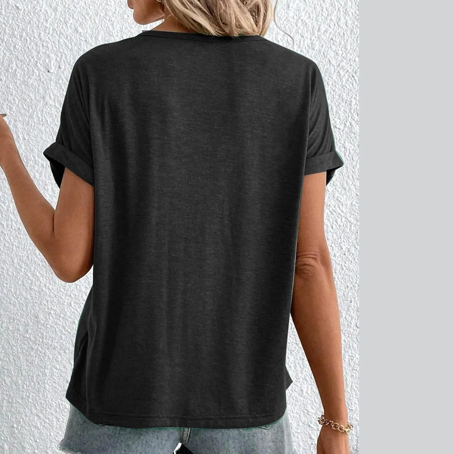 Womens Henley Shirt Buttons Decor Short Sleeve Tunic Tops Blouses for Women 2024 Summer Loose Fit Solid T Shirts