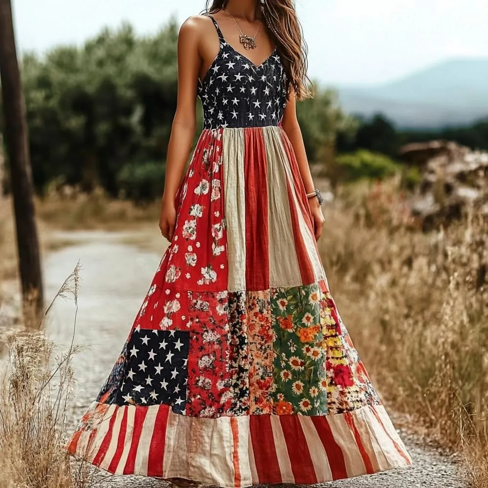 Women's Independence Day Patch Art Line Dress Floral American Flag Dresses