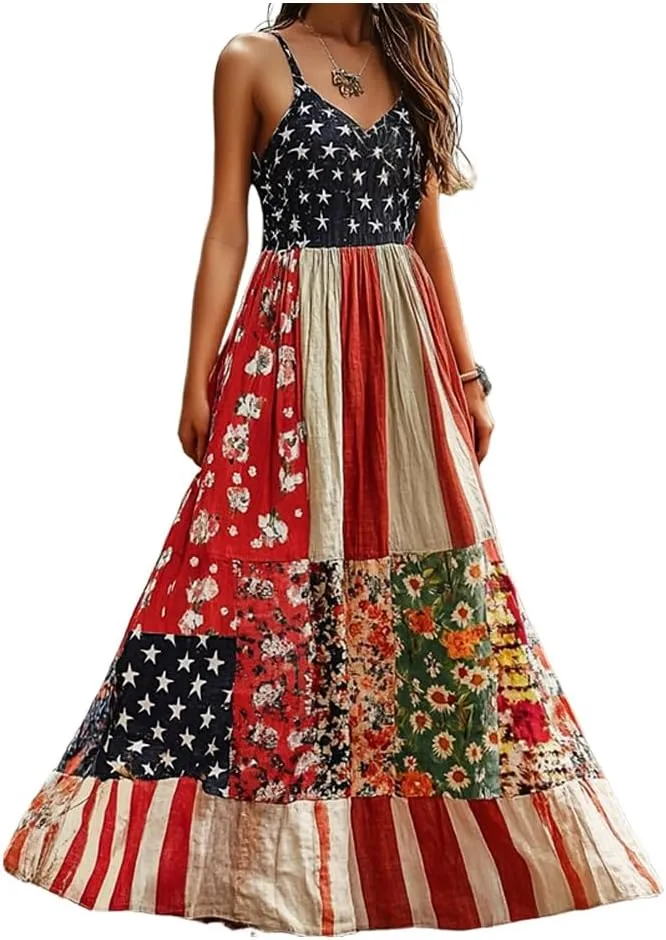 Women's Independence Day Patch Art Line Dress Floral American Flag Dresses