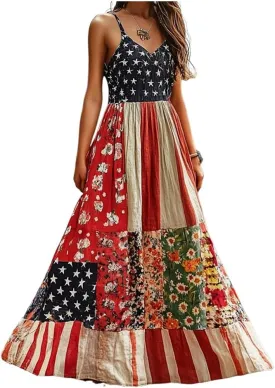 Women's Independence Day Patch Art Line Dress Floral American Flag Dresses