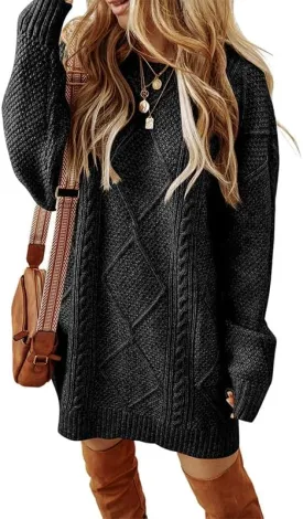 Womens Loose Long Sleeve Cable Knit Pullover Sweater Dress Casual Slouchy Crew Neck Knitted Mini Dress