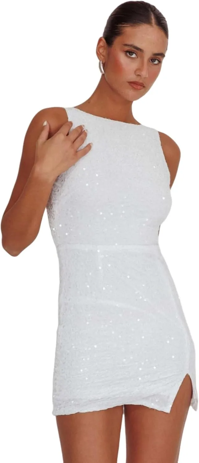 Women's Sexy Backless Sparkly Sequin Mini Dress Split Hem Glitter Velvet Tank Dress Prom Party Cocktail Dress