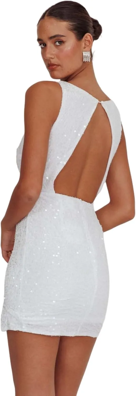 Women's Sexy Backless Sparkly Sequin Mini Dress Split Hem Glitter Velvet Tank Dress Prom Party Cocktail Dress