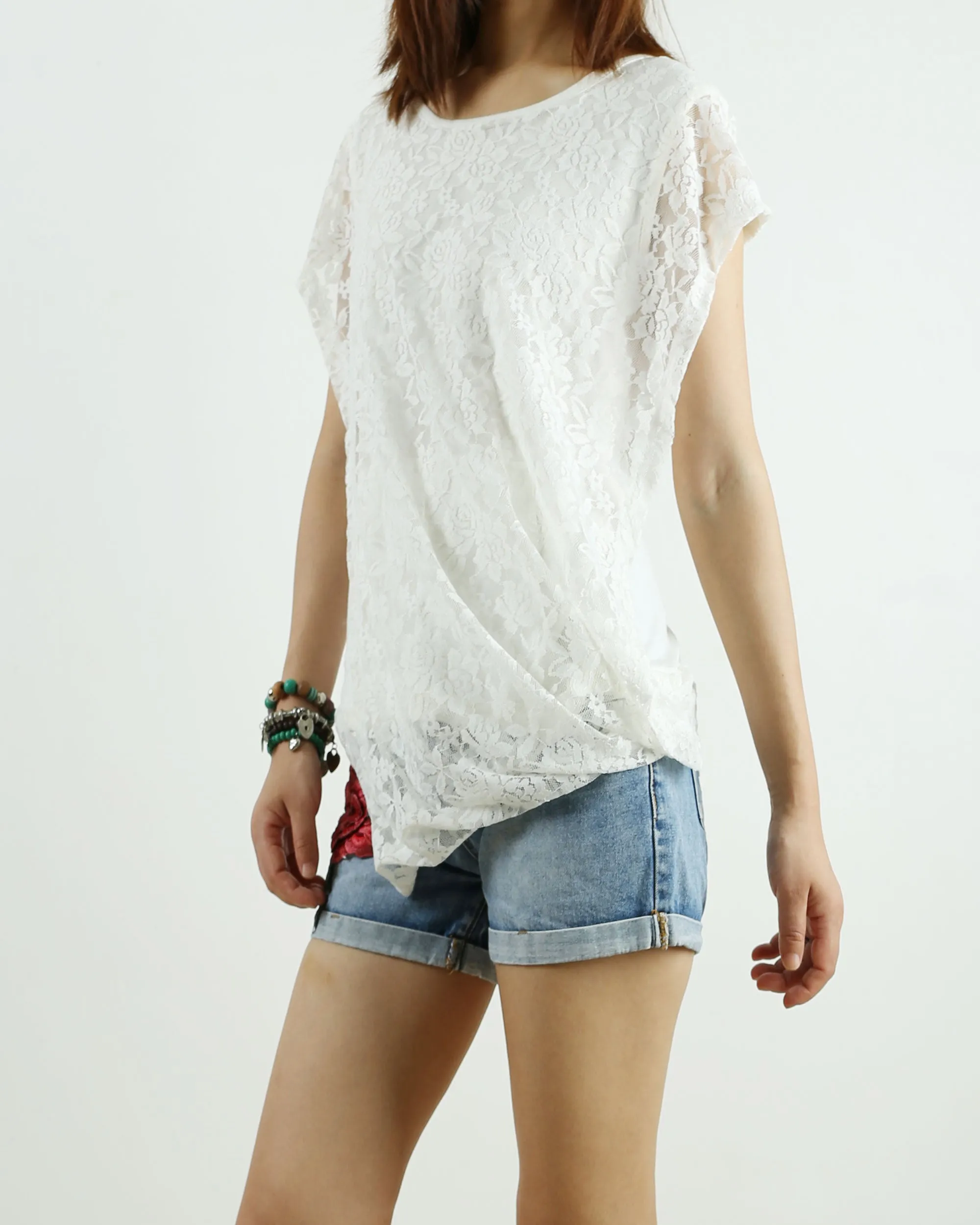 Womens short sleeve hoodie Top, lace modal t-shirt, customized T-shirt, asymmetry clothing, Boho t-shirt, Sleeveless top(Y3118S)