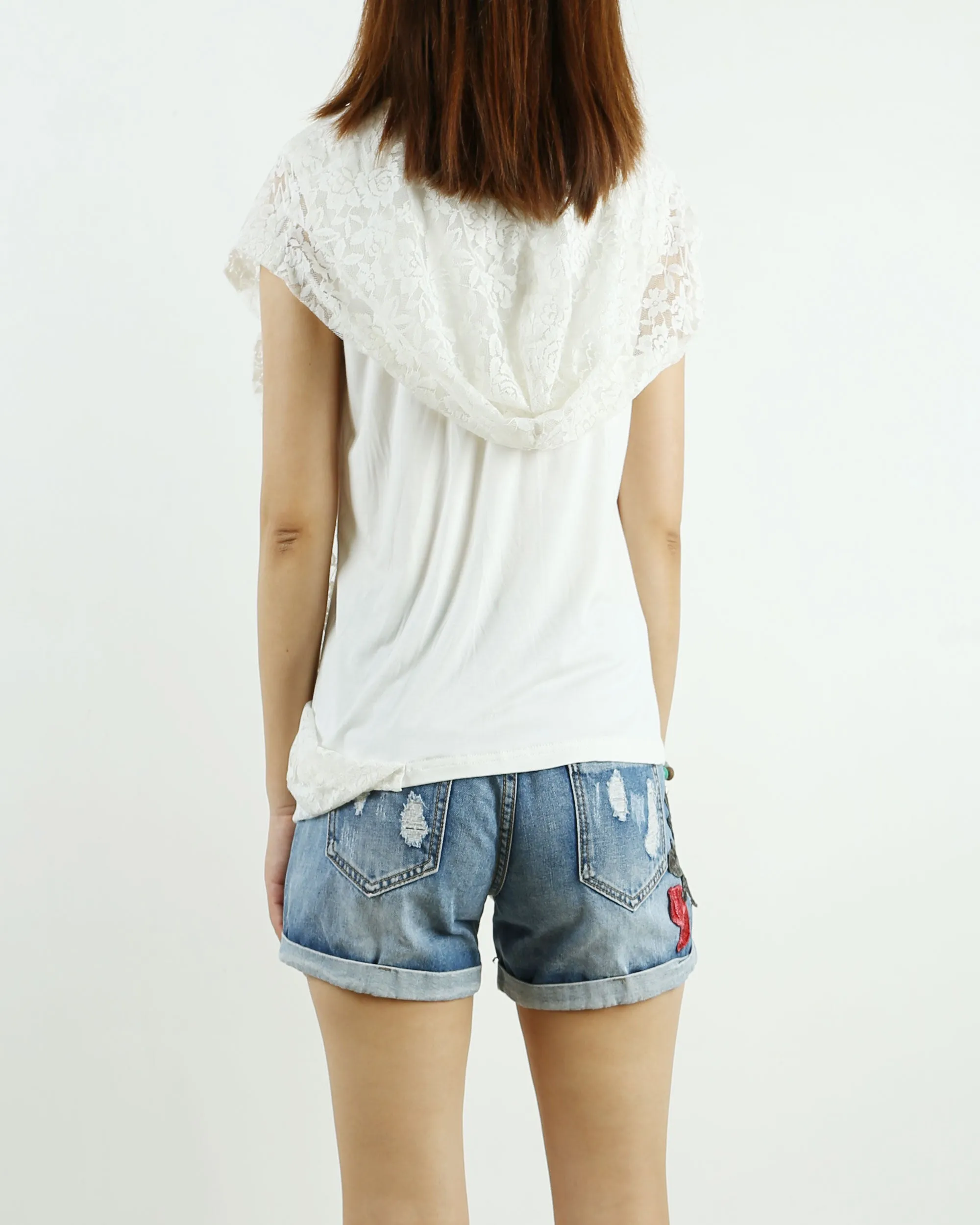 Womens short sleeve hoodie Top, lace modal t-shirt, customized T-shirt, asymmetry clothing, Boho t-shirt, Sleeveless top(Y3118S)