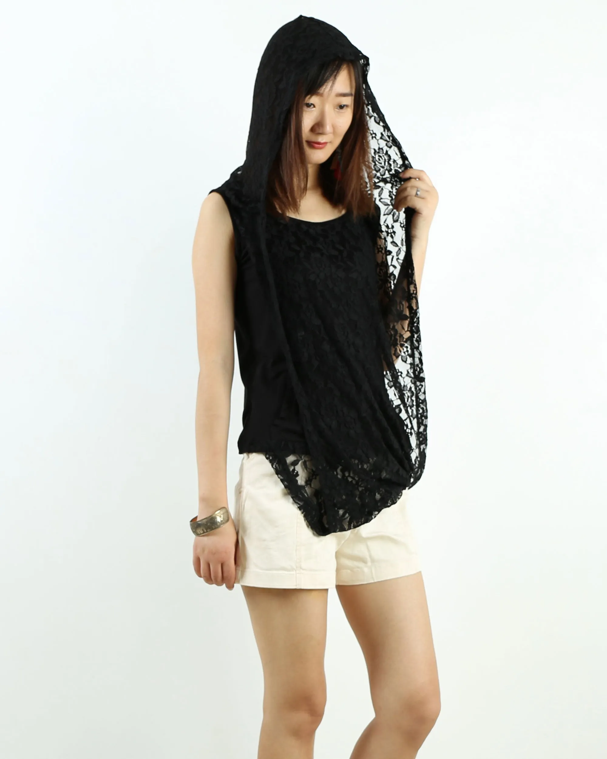 Womens short sleeve hoodie Top, lace modal t-shirt, customized T-shirt, asymmetry clothing, Boho t-shirt, Sleeveless top(Y3118S)