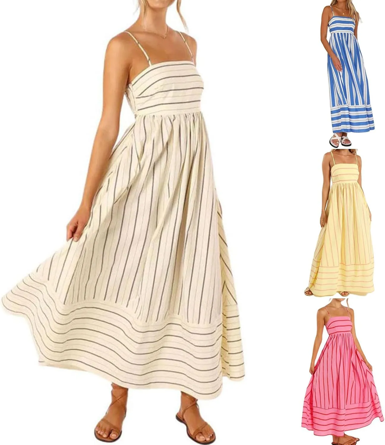 Womens Striped Sleeveless Backless Dress Sexy Spaghetti Strap Cut Out Flowy Swing Smocked Boho Long Sundress
