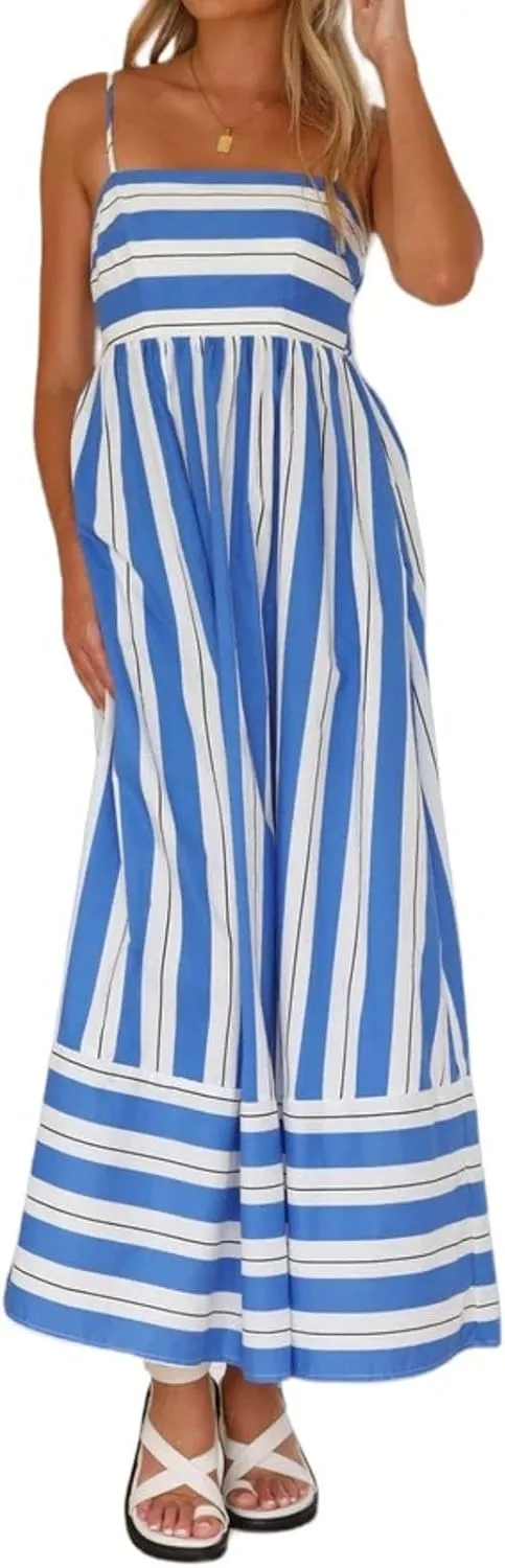 Womens Striped Sleeveless Backless Dress Sexy Spaghetti Strap Cut Out Flowy Swing Smocked Boho Long Sundress