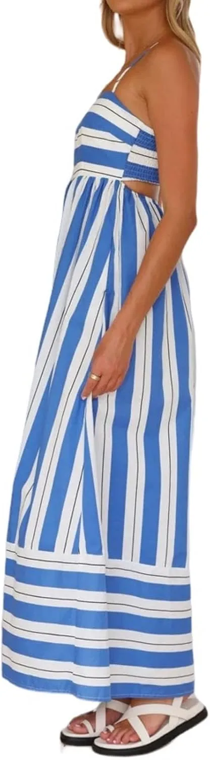 Womens Striped Sleeveless Backless Dress Sexy Spaghetti Strap Cut Out Flowy Swing Smocked Boho Long Sundress
