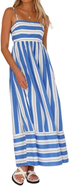 Womens Striped Sleeveless Backless Dress Sexy Spaghetti Strap Cut Out Flowy Swing Smocked Boho Long Sundress