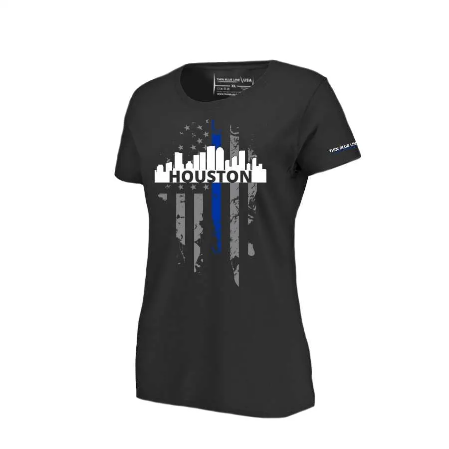 Women's T-Shirt, Thin Blue Line Houston Skyline