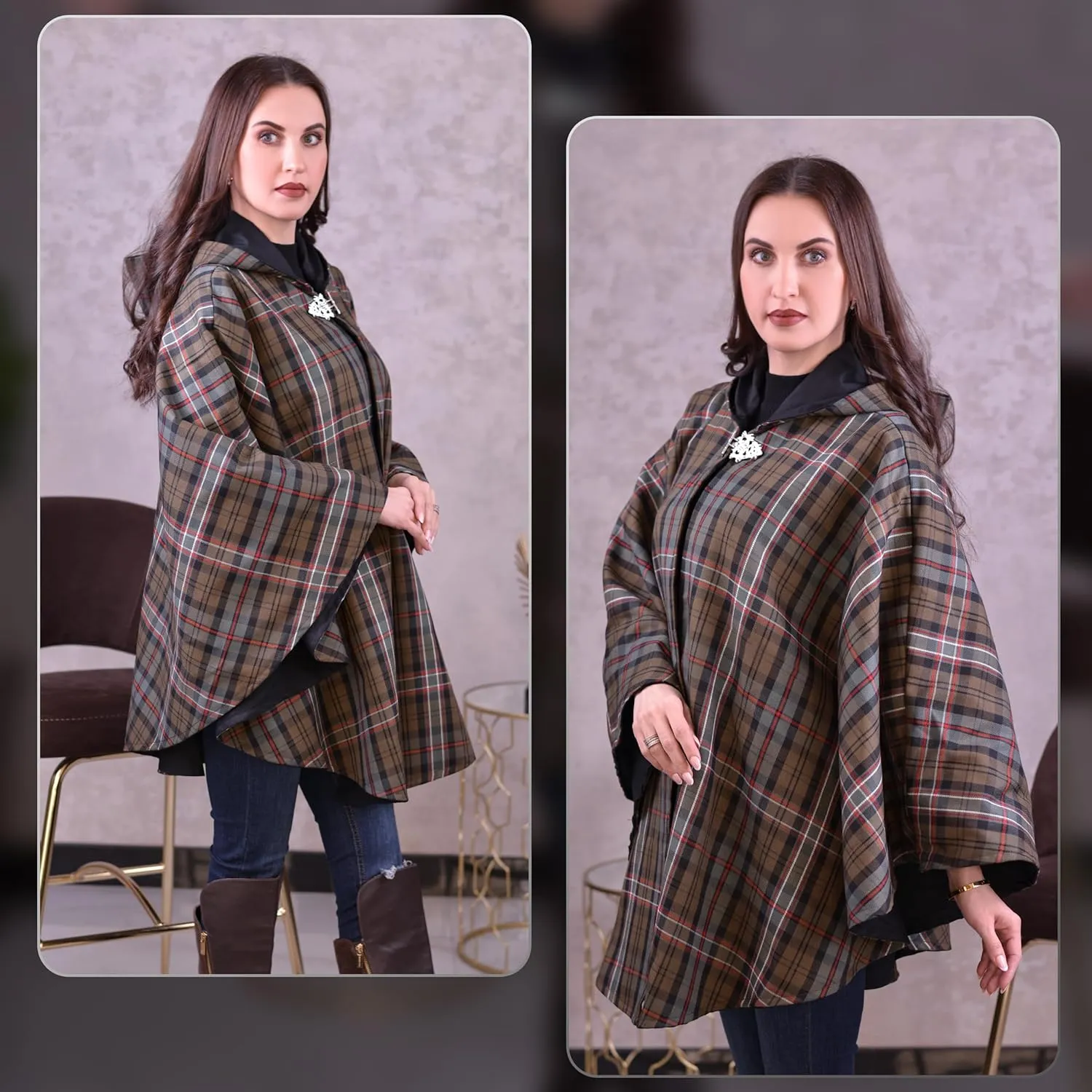 Women's Vintage Plaid Knitted Scottish Cape Traditional Cardigan