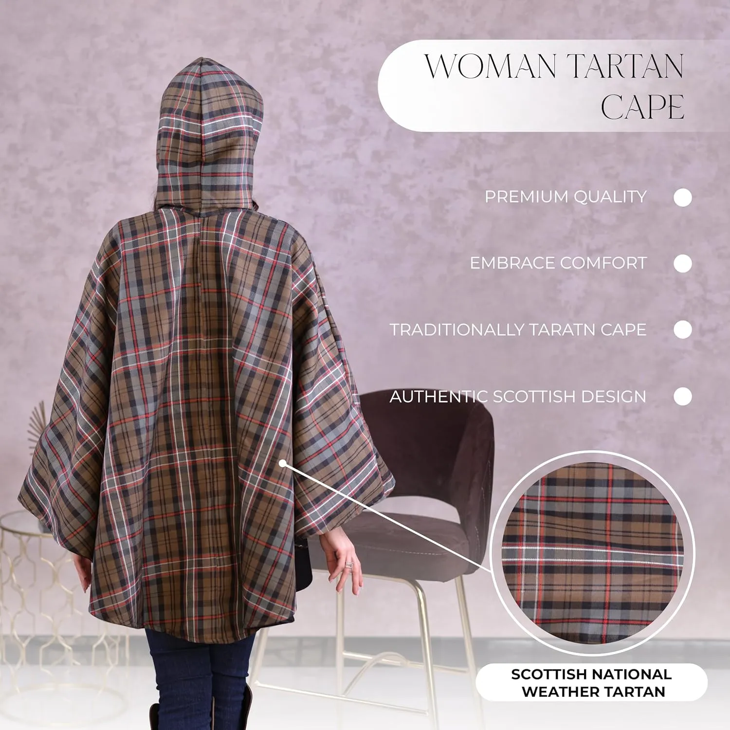 Women's Vintage Plaid Knitted Scottish Cape Traditional Cardigan