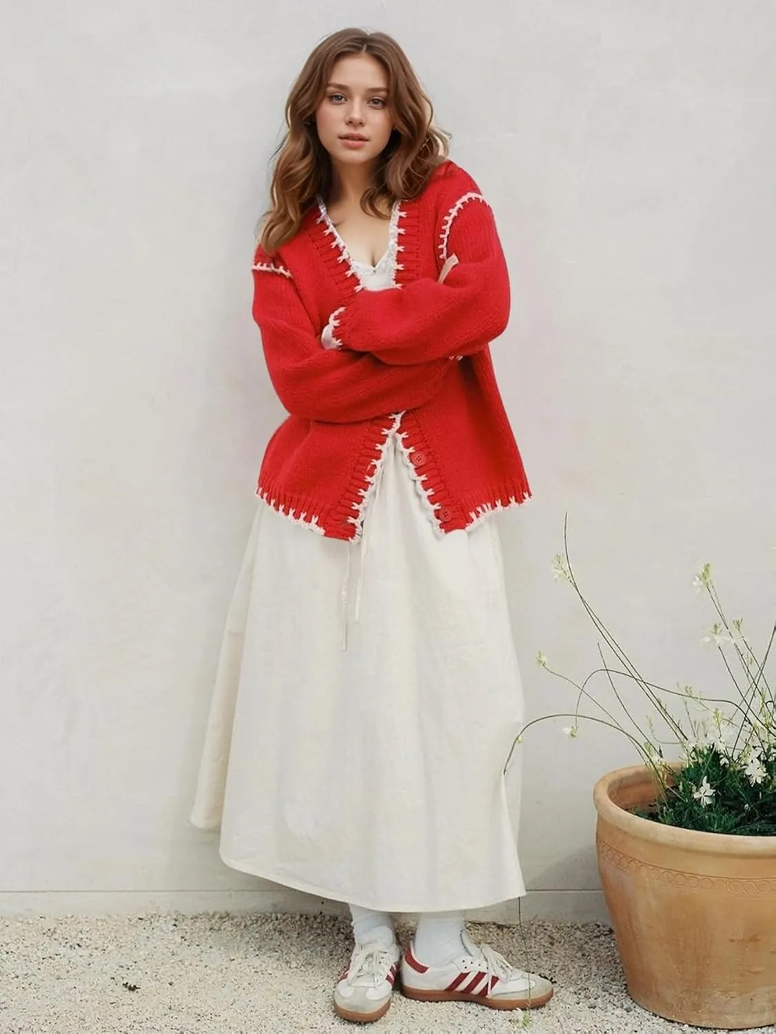 YKR Chunky Knit Cardigan for Women Open Front Contrast Trim Sweaters Button Down Long Sleeve V-Neck Outerwear Coats