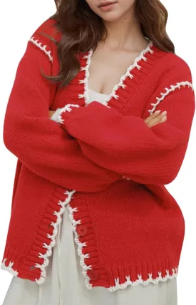 YKR Chunky Knit Cardigan for Women Open Front Contrast Trim Sweaters Button Down Long Sleeve V-Neck Outerwear Coats