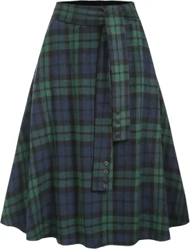 ZAFUL Women's Winter Skirt Plaid A-Line Pleated Midi Skirt High Elastic Waist Vintage Tartan Skirt with Pockets