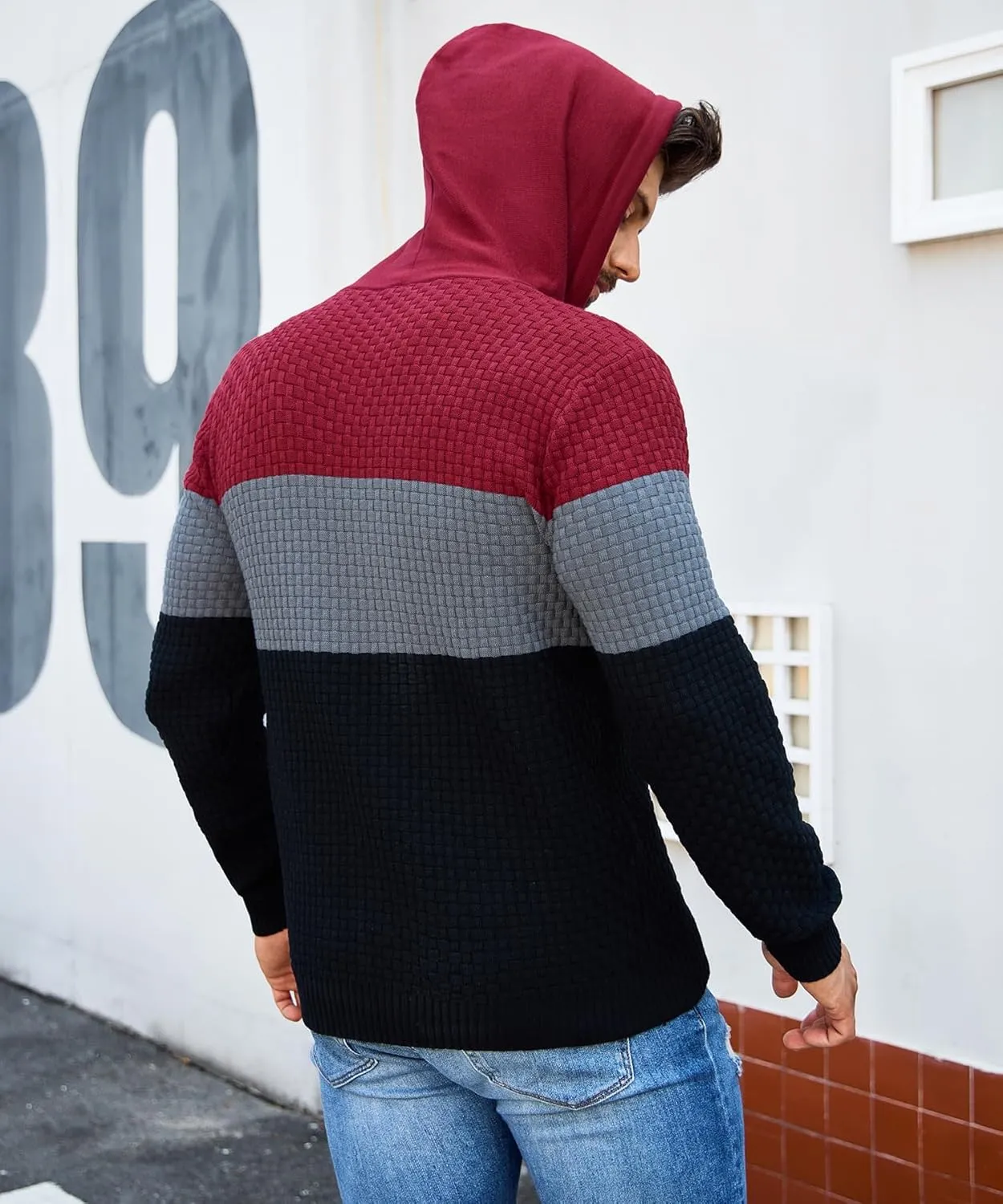 Zaitun Mens Hooded Sweatshirt Long Sleeve Solid Knitted Hoodie Pullover Sweater
