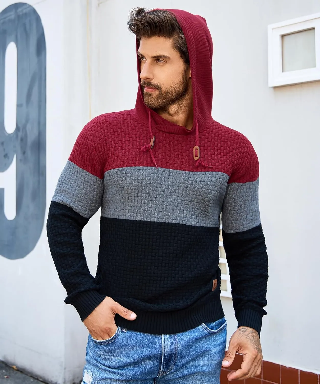 Zaitun Mens Hooded Sweatshirt Long Sleeve Solid Knitted Hoodie Pullover Sweater