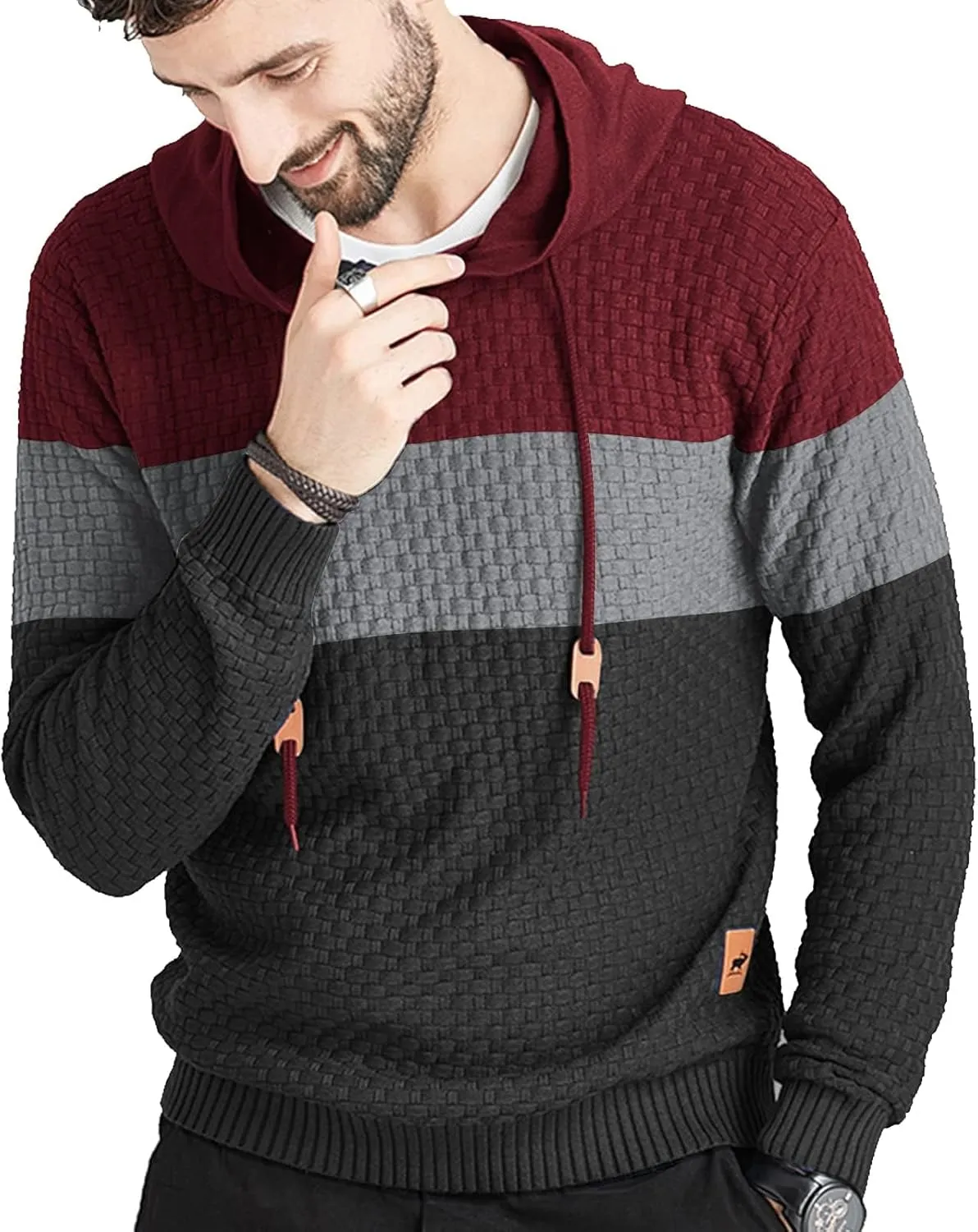 Zaitun Mens Hooded Sweatshirt Long Sleeve Solid Knitted Hoodie Pullover Sweater