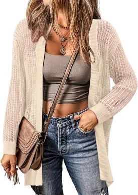 Zeagoo Women 2025 Lightweight Crochet Cardigan Long Sleeve Open Front Knit Sweater Summer Kimono Cover Up with Pockets